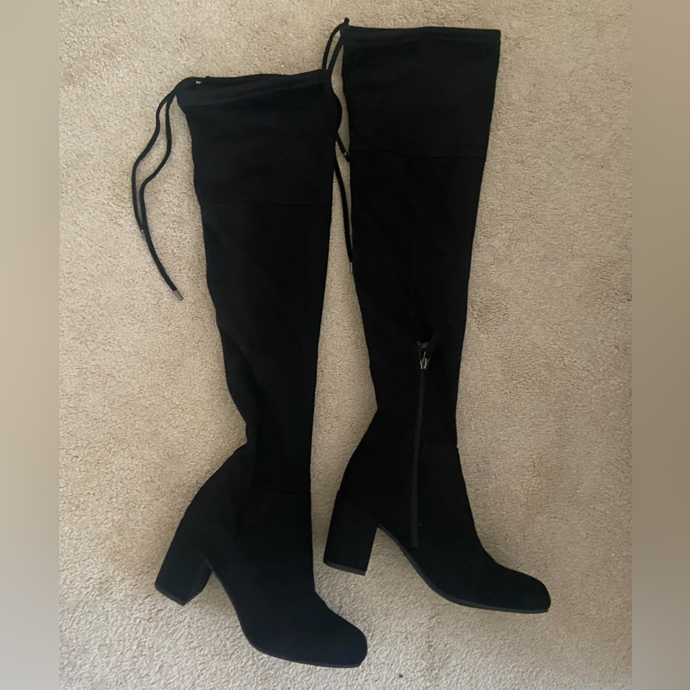 Black suede knee high boots